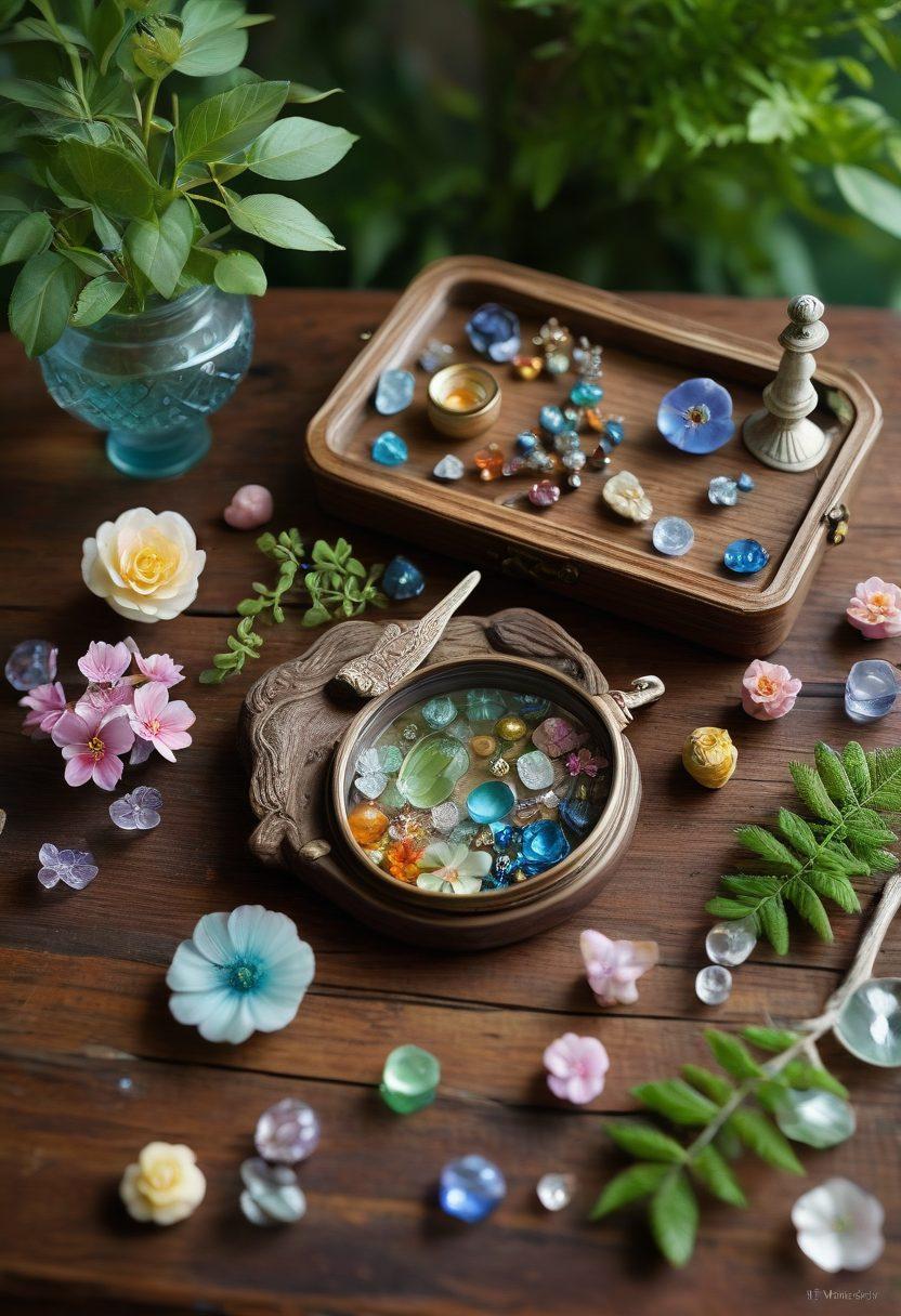 A whimsical scene showcasing a colorful collection of mini treasures such as tiny figurines, gemstones, and delicate trinkets on a rustic wooden table. Surround the treasures with soft pastel flowers and gentle sunlight filtering through leaves, creating a warm and cheerful atmosphere. Incorporate a small magnifying glass to highlight the details of these petite pieces, evoking a sense of discovery and delight. vibrant colors. soft focus. super-realistic.