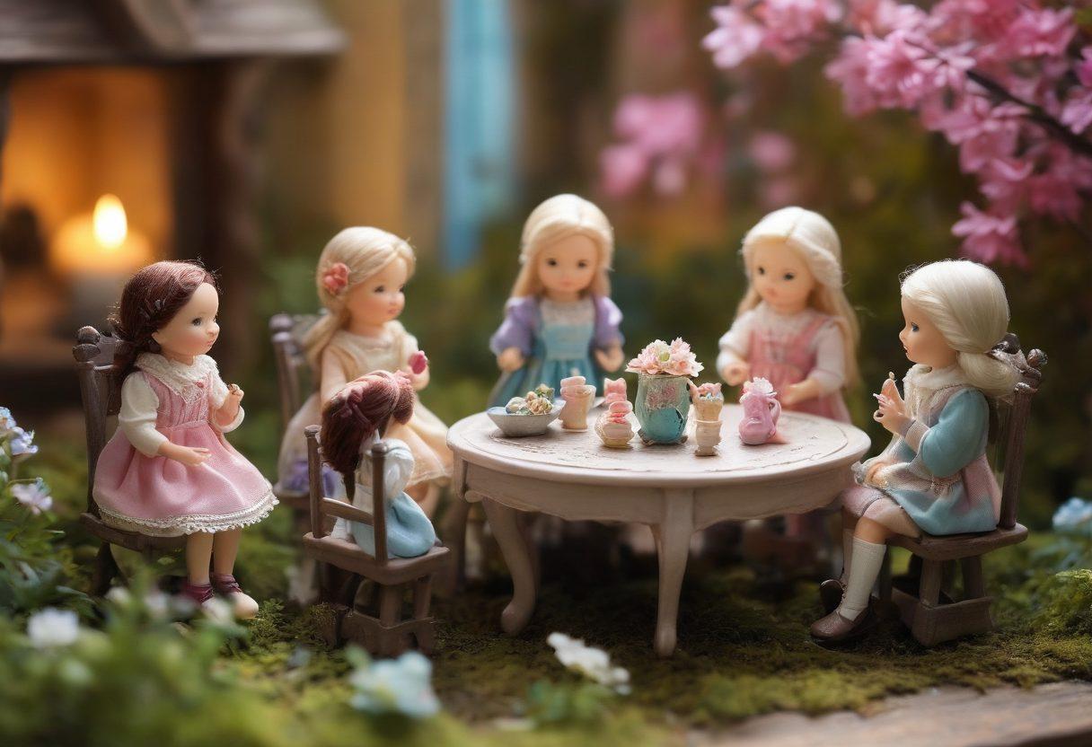 A whimsical scene showcasing a variety of adorable mini dolls and figurines, each with unique features and expressions. Arrange them in a cozy, colorful display amid soft pastels and delicate flowers, capturing the joy of collecting. Include a gentle light source that highlights the intricate details of the figurines, inviting viewers to explore this miniature world. The background should be soft and blurred, enhancing the focus on the treasures. vibrant colors. soft focus. dreamy atmosphere.