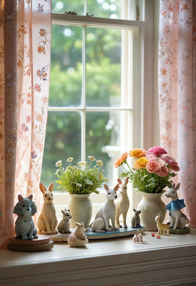 A whimsical scene featuring a variety of adorable collectibles like miniature animals, tiny figurines, and colorful trinkets arranged on a sunny windowsill, with soft natural light illuminating them. Incorporate delicate floral accents and a gentle breeze rustling through a sheer curtain in the background, evoking feelings of joy and nostalgia. pastel colors. vibrant details. super-realistic.
